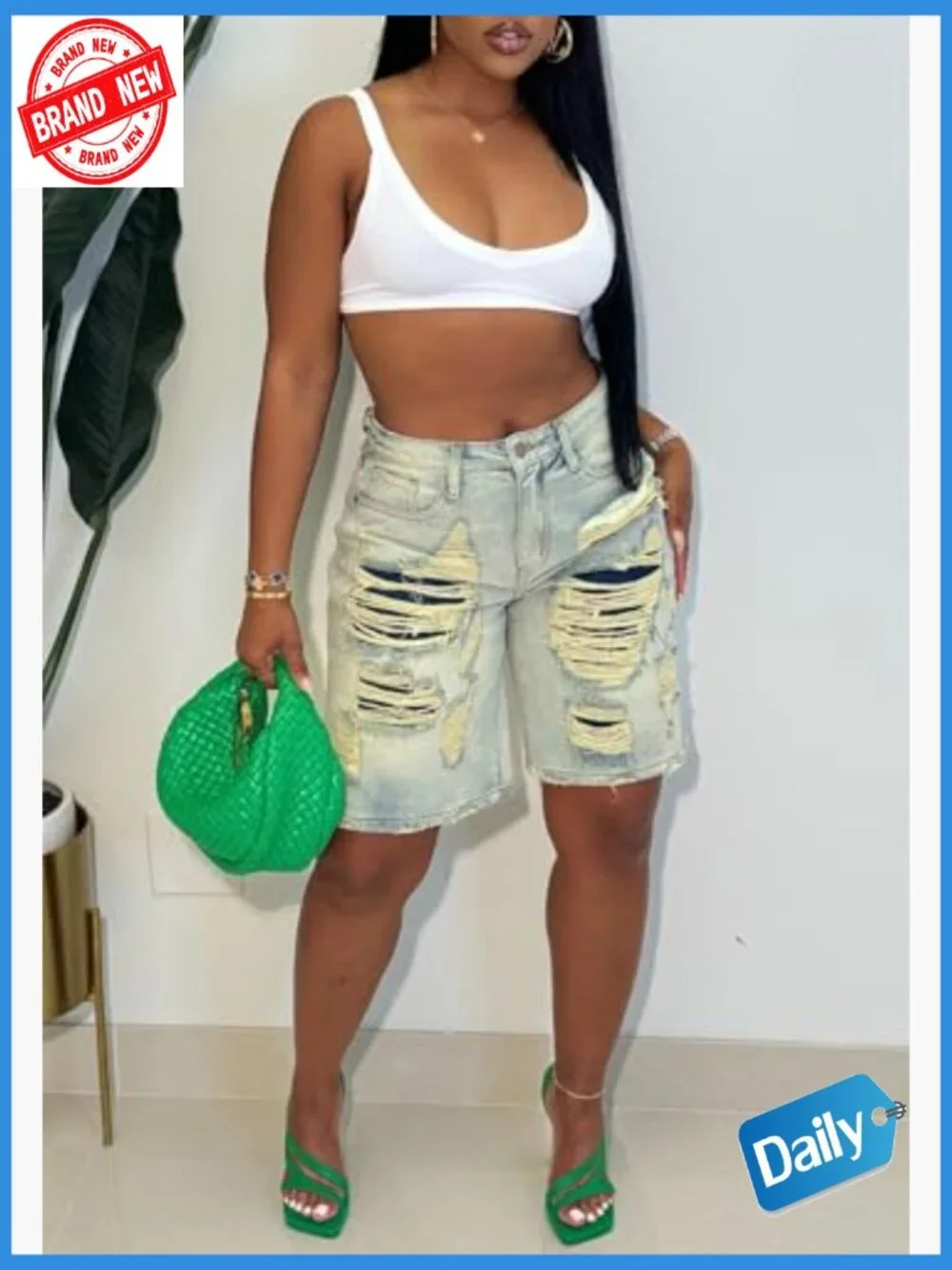 High Rise Baggy Ripped Denim Shorts Straight Wide Leg Y2K Casual Bermuda Cargo